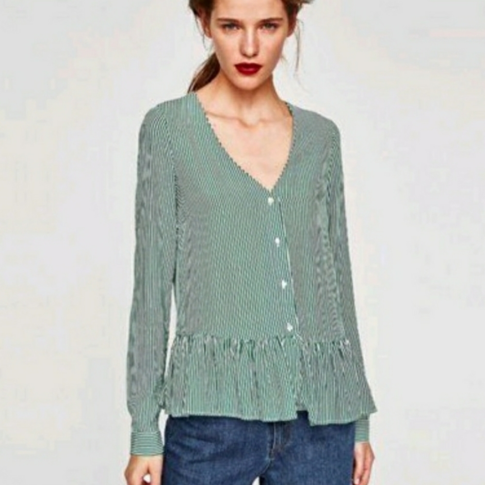 ZARA Trafaluc xsmall stripe green white peplum long sleeve blouse shirt